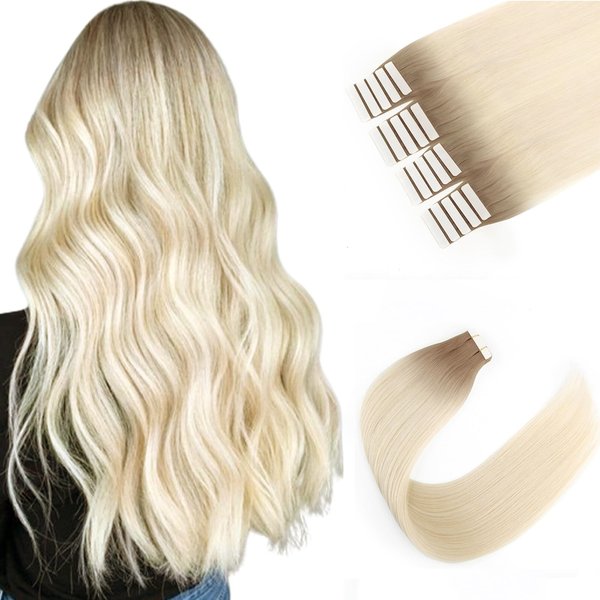 Sixstarhair 20 Pieces Tape in Hair Extensions Ombre Hair Extensions Rooted Chestnut Brown Fading To Ash Blonde Hair Sunkissed Hair Extensions [R6-60 22inch]