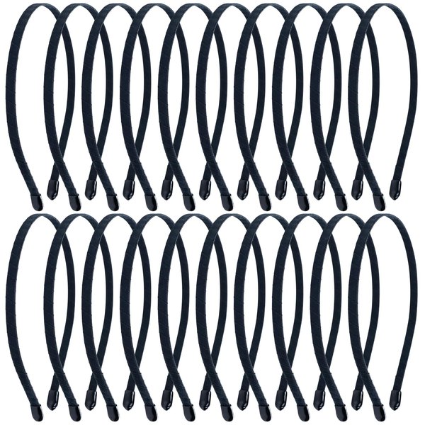 Lawie 20 Pack 7MM Satin Cloth Wrapped Fabric Covered Black Thin Metal Headbands Slim Hair Elastic Skinny Hairbands Plain Wire Crown Tiara Blank Hair Bands for Crafting DIY Accessories for Women Girls