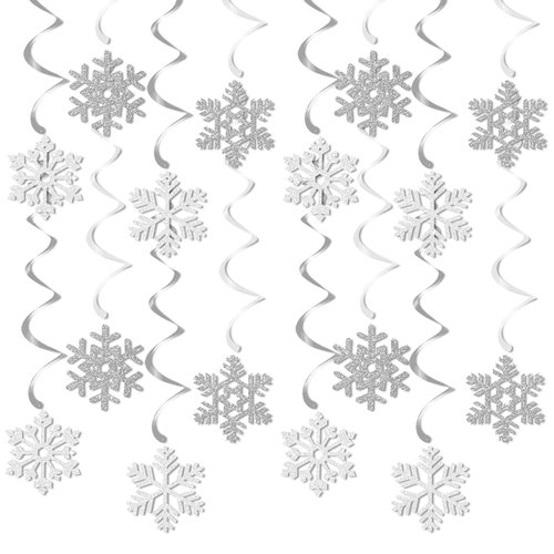 Snowflake Snow-White Christmas Party-Decorations Streamers - 16pcs Frozen Winter Baby Shower Birthday New Year Paper Hanging Swirls Banner,Classroom Ceiling Wonderland Decor Ouruola