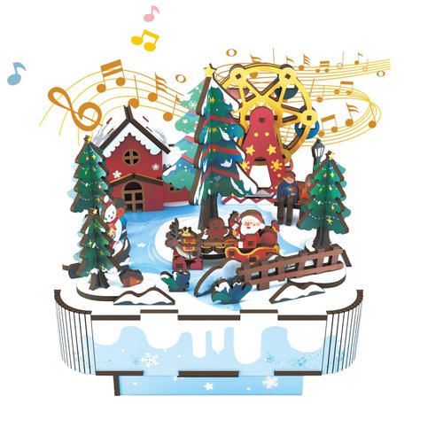Wooden Music Box Puzzle – DIY Christmas Street View Rotating Music Box Kit, 3D Creative Musical Puzzle Craft Model, Holiday Desk Decor, for Adults, Birthday & Christmas