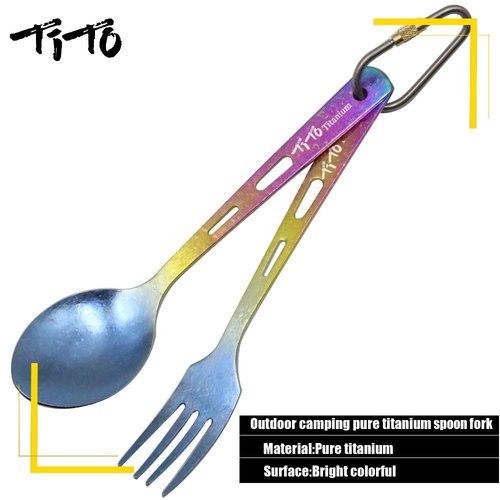 TiTo Titanium Cutlery Set Outdoor Camping Ultra Lightweight Tableware Spoon Knife Spork for Backpacking, Hiking, Travel, Home with Box and Cloth Bag (Colorful Set)
