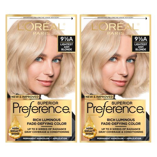 L'Oreal Paris Superior Preference Luminous Fade-Defying Permanent Hair Color, Hair Dye For Up to 9 Weeks of Radiance, Lightest Ash Blonde 9.5A, 1 Hair Dye Kit (Pack of 2)