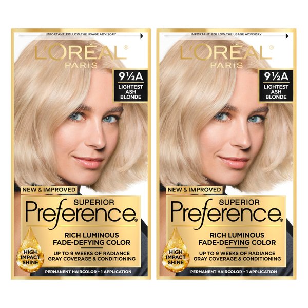 L'Oreal Paris Superior Preference Luminous Fade-Defying Permanent Hair Color, Hair Dye For Up to 9 Weeks of Radiance, Lightest Ash Blonde 9.5A, 1 Hair Dye Kit (Pack of 2)
