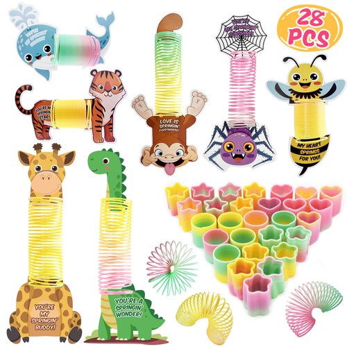 Valentine's Day Cards Rainbow Springs Toy for Kids 28 PCS, 7 Rainbow Springs Designs (4 of Each), Ideal for Classroom Valentine's Prizes Exchange Gifts and Party Favors for Boys and Girls