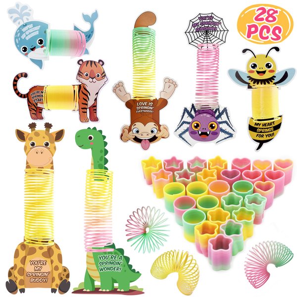 Valentine's Day Cards Rainbow Springs Toy for Kids 28 PCS, 7 Rainbow Springs Designs (4 of Each), Ideal for Classroom Valentine's Prizes Exchange Gifts and Party Favors for Boys and Girls