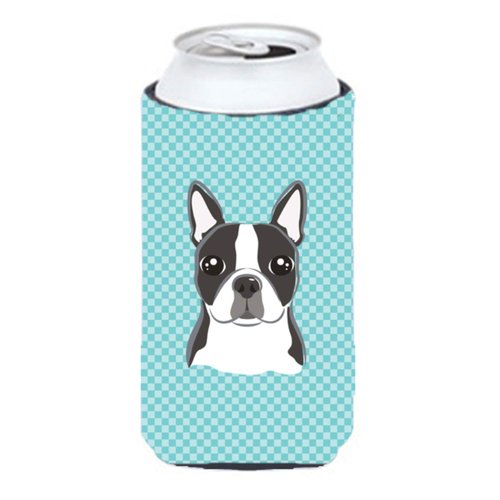Caroline's Treasures BB1141TBC Checkerboard Blue Boston Terrier Tall Boy Hugger Can Cooler Sleeve Hugger Machine Washable Drink Sleeve Hugger Collapsible Insulator Beverage Insulated Holder