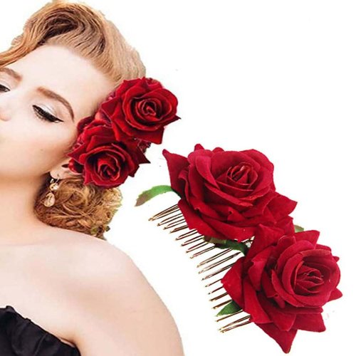 AKOAK 1 Pack Double Rose Hair Comb, Bride Hair Comb Women's Wedding Hair Accessories Bride Flamenco Dancer Hairstyle Girl Halloween Cosplay Party(Red)