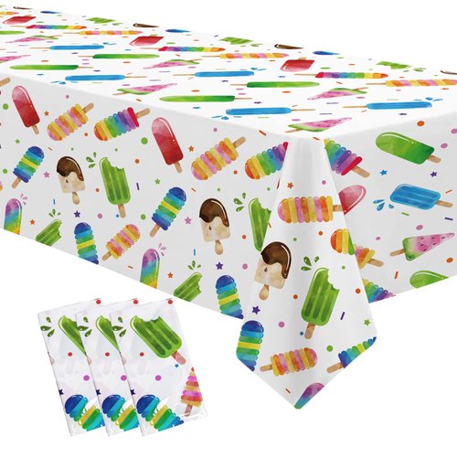 Xenorik Popsicle Party Tablecloth Decorations - Disposable Ice Cream Popsicle Birthday Party Supplies Table Cover, Summer Popsicle Baby Shower Table Decorations Table Cloths- 3 Pack (54in x 108in)
