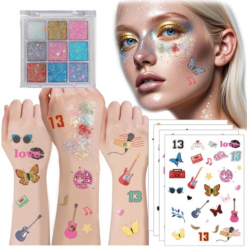 Face Glitter Temporary Tattoos Taylor Birthday Decorations Body Glitter Hair Glitter Merch Stickers Gifts Stuff Taylor Party Decorations Party Favors Festival Outfits for Women Rave Accessories