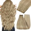 YoungSee Weft Hair Extensions Highlight Sew in Human Hair Extensions Blonde Highlight Human Hair Weft Extensions Dark Ash Blonde Highlighted Light Blonde Full Head Set Weft Extensions 16Inch 100G