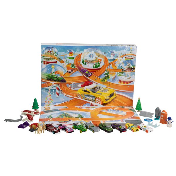 Hot Wheels Toy Cars, 2024 Advent Calendar, 8 1:64 Scale Vehicles, 16 Winter-Themed Accessories & Playmat