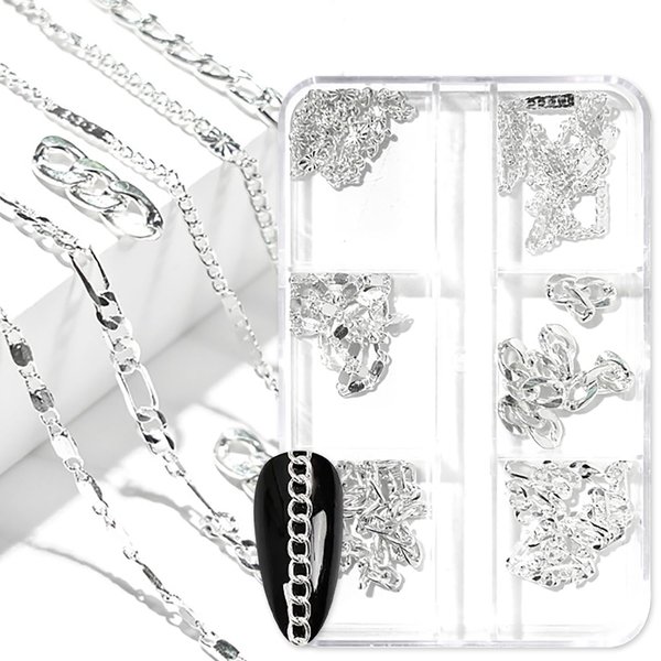 JERCLITY 1 Box 6 Strips Nail Chains for Nail Art Silver Alloy Metal Nail Art Chains Silver Nail Charms Punk Chains Nail Studs Silver Chain Accessories for Women Nail Art