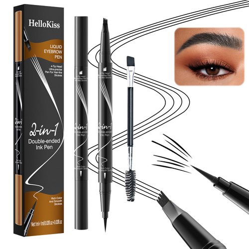 Hellokiss Liquid Eyebrow Pen, 2 in 1 Dual-ended Natural 4 Fork Tip Liquid Eyebrow Pencil with Eyebrow Brush, New Upgraded Waterproof Microblading Eyebrow Pencil, Natural Long-Lasting (04#Black)