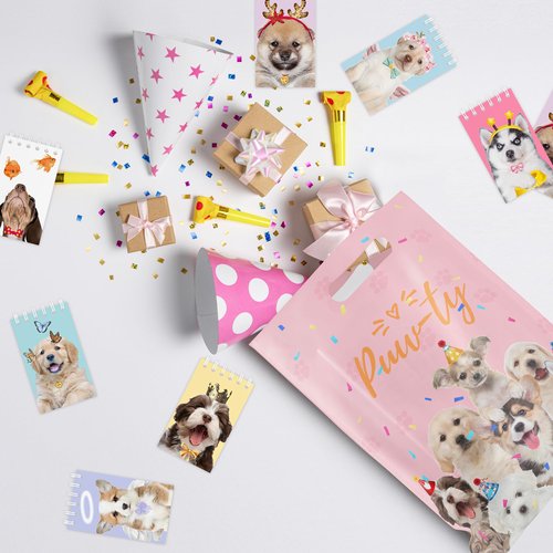 50Pcs Dog Party Favor Bags Dog Themed Birthday Party Supplies Pink Waterproof Goodies Bags with Handles Thickened Pet Paws Plastic Candy Gift Bags for Kids Birthday Party Decoration and Classrooms