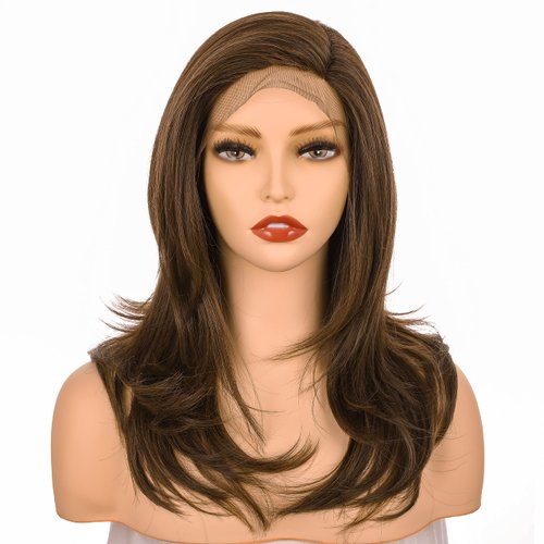 Onedor 18 Inch Kanekalon Futura Synthetic Hair 130% Density Straight Lace Front Side Part Long Wigs (Medium Brown Evenly Blended with Warm Medium Brown-RL6/8)