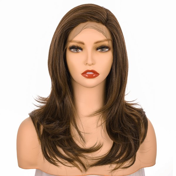 Onedor 18 Inch Kanekalon Futura Synthetic Hair 130% Density Straight Lace Front Side Part Long Wigs (Medium Brown Evenly Blended with Warm Medium Brown-RL6/8)