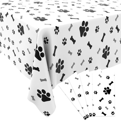 QEYMN Puppy Paw Print Plastic Tablecloth Table Cover, 4 Pcs Pupply Paw Print Disposable Rectangle Table Cover for Kids Birthday Party, Pet Puppy Themed Birthday Party Decorations, 54x108 inch