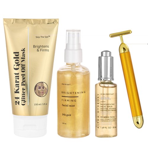 Jean Pierre Cosmetics Glitter Gold Holiday Bundle, 24 Karat Gold Glitter Peel Off Mask + Brightening & Firming Facial Mist + AHA PM Resurfacing Facial Serum + Vibrating Gold Sculpting Roller