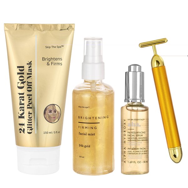 Jean Pierre Cosmetics Glitter Gold Holiday Bundle, 24 Karat Gold Glitter Peel Off Mask + Brightening & Firming Facial Mist + AHA PM Resurfacing Facial Serum + Vibrating Gold Sculpting Roller