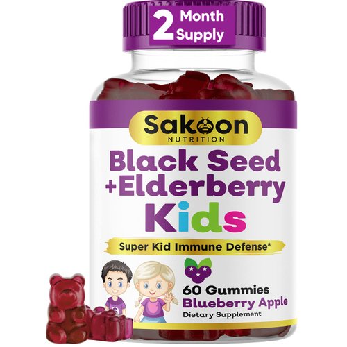 Sakoon nutrition Elderberry & Black Seed Oil Gummies for Kids, Immune Support Gummies, with Vitamin C and Zinc, Delicious Berry Flavor, 60 Gummies