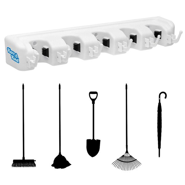 Broom Holder - Wall Mount Tool Organizer Rack - 5 Slots with Automatic Handle Grips - Perfect for Brooms, Mops, Dusters, Rakes, Shovels, etc. - 6 Foldable Hooks for Smaller Tools/Cloths