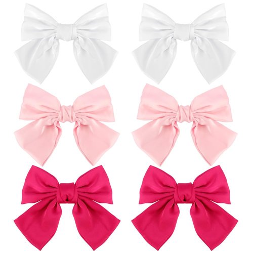 Ahoney 6 Pack Satin Hair Bow Hair Clips for Women Girls, 6" Bowknot Hair Ribbons for Hair Ponytail Cute Hair Clips Bow for Hair Accessories Barrettes for Women (Pink)
