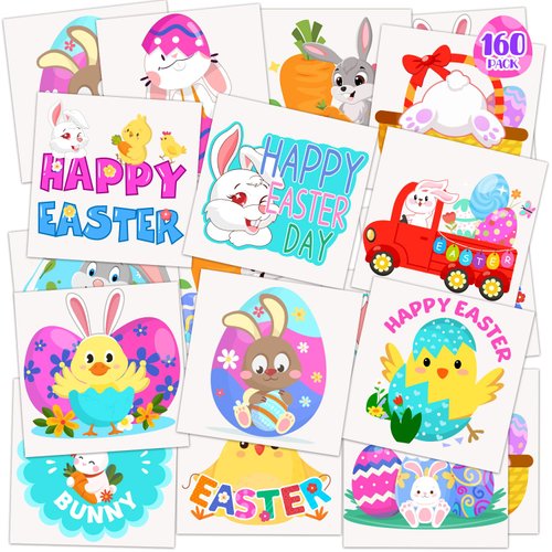 160PCS Temporary Easter Tattoos for kids 2 Inch Fake Tattoo Stickers with Easter Eggs Rabbits Chicks Easter Basket Stuffers Goodie Bag Fillers Easter Decorations Party Favors Supplies for Boys Girls