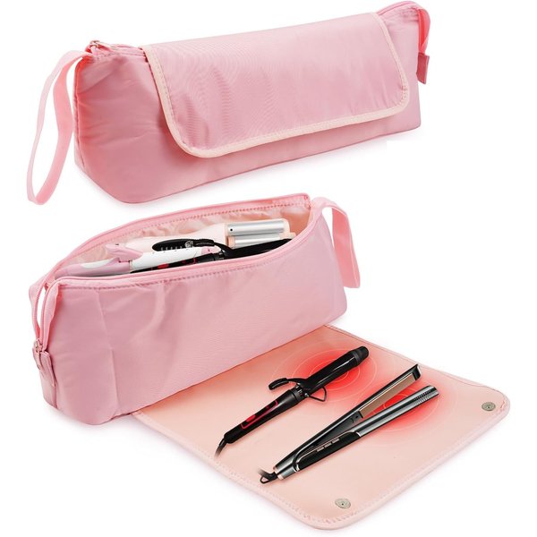 Bestauty Hair Tools Travel Bag, Heat Resistant Mat, 2 in 1 hot tools Travel Bag Storage Bag for Curling Iron, Straighteners, Hair Styling Tools, Pink