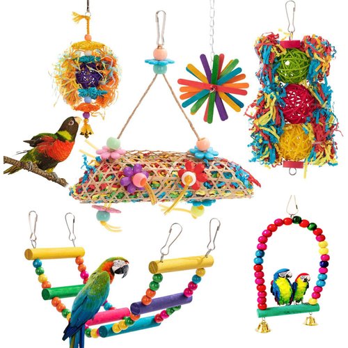 6 Pack Parrot Toys Colorful Chewing Foraging Shredder Comfy Perch Bird Toys for Conure Parakeets Cockatiels