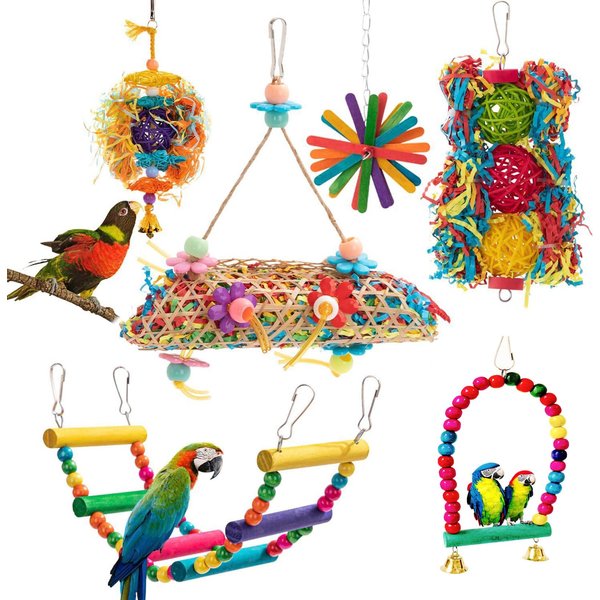 6 Pack Parrot Toys Colorful Chewing Foraging Shredder Comfy Perch Bird Toys for Conure Parakeets Cockatiels