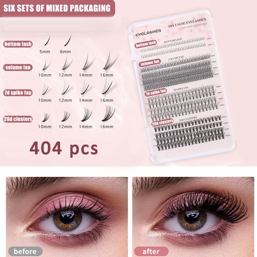 404 Pcs lash Clusters,Lash Clusters Kit with Lash Glue 10-16mm Eyelash Clusters Kit Mix Length Ultra-Thin Cluster Eyelash Extensions Kit Get Natural-Looking Pestañas Postizas Naturales