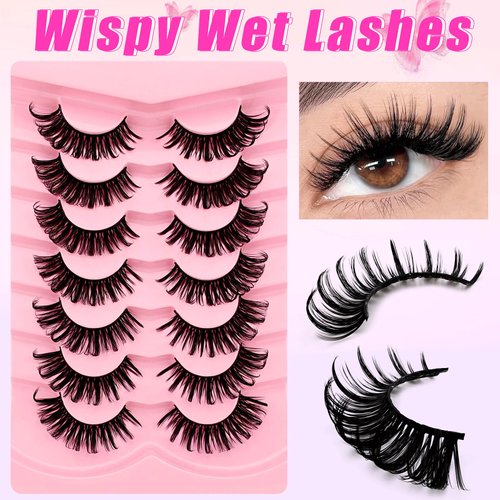 7 Pairs Manga Lashes Wet Look 20mm Flu-ffy D Curl Lashes Cat-Eye Lashes Volume Spiky Lashes Wispy Fairy Lashes Faux Mink False Eyelashes Japanese Korean Lashes(SJ01)