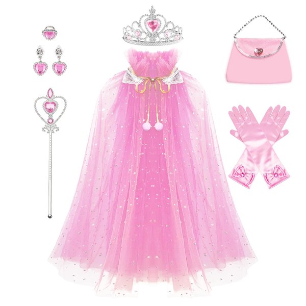 AHLPO Princess Cape Set 9 Pieces Girls Princess Cloak, Kids Fairy Tulle Elsa Princess Dress Up Clothes Cape for Girls Birthday Party Halloween Dressing Up with Crown Wand Accessories