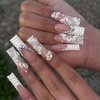 24Pcs Very Long Press on Nails Square Fake Nails Glossy Nude False Nails with 5D Rhinestones Designs White French Tip Flower Glue on Nails Full Cover Artificial Long Acrylic Nails for Women