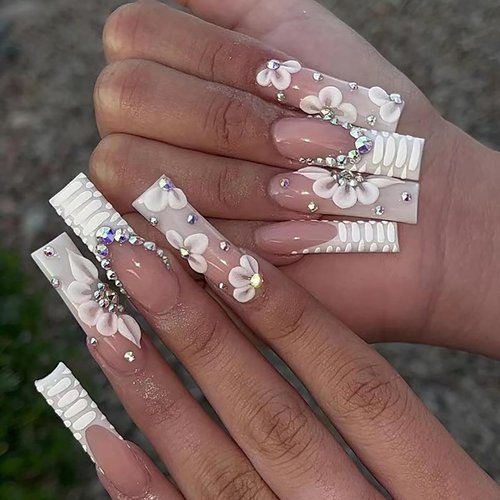 24Pcs Very Long Press on Nails Square Fake Nails Glossy Nude False Nails with 5D Rhinestones Designs White French Tip Flower Glue on Nails Full Cover Artificial Long Acrylic Nails for Women