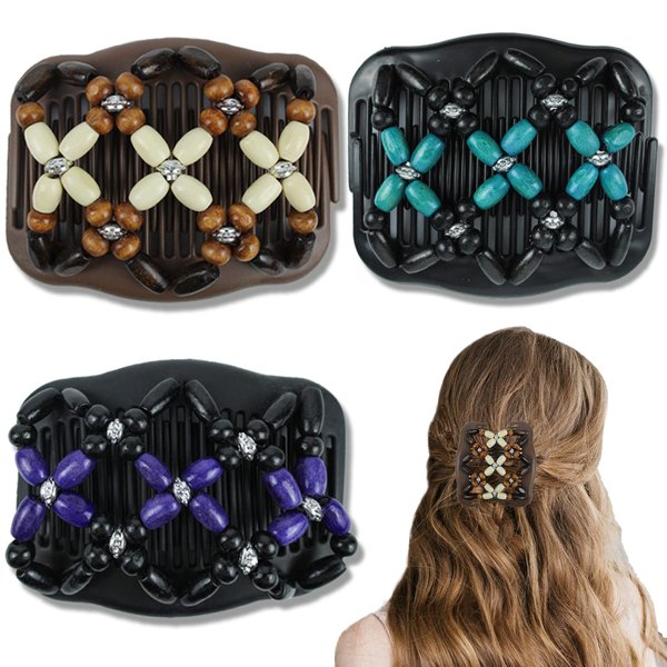 3 Pieces Stretchy Double Comb Hair Clip Magic Hair Side Combs for Women Elastic Wood Beaded Hair Bun Maker Hair Accessories for Curly Thick Wavy Hair (Purple, Blue, White)