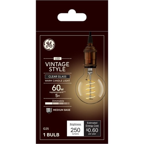 GE Lighting VintaStyle LED Globe Light Bulb, 5 Watt (60 Watt Equivalent) Warm Candle Light, Clear Glass, Medium Base, Dimmable (1 Pack)