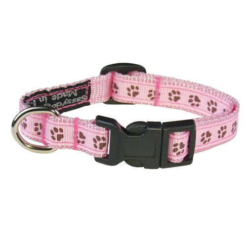 Xsmall Pink/Brown Puppy Paws Dog Collar: 1/2" wide, Adjusts 6-12" - Made in USA.