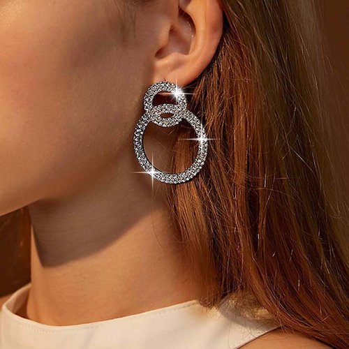 Sttiafay Vintage Crystal Circle Drop Earrings Double Circle Hoop Earrings Silver Cz Circle Dangle Earrings CZ Hollow Circle Earrings Jewelry for Women