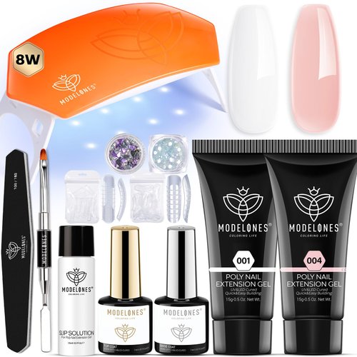 Modelones Poly Nail Gel Kit Builder Extension Gel Nude White French Nail Colors with Nail Lamp Slip Solution Rhinestone Nail Manicure Complete Kit DIY Nail Art Design Beginner Kit Gift