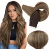 Full Shine Tape in Hair Brown Human Hair Extensions Tape in 20 Pcs Rooted Tape in Hair Extensions Human Hair 16 Inch Ombre Tape Hair Dark Brown To Strawberry Blonde Mixed Brown 2/3/27 50 Gram