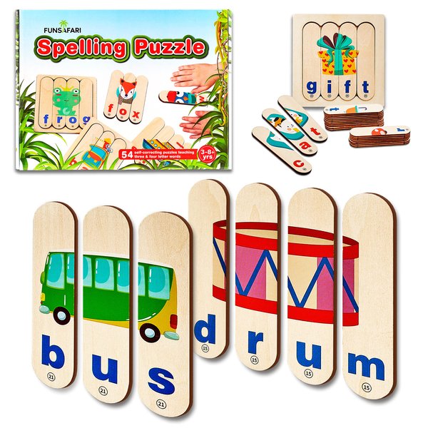 Spelling Puzzle for Kids - 54 Words - Educational Learning Toys for 3-8 Year Old - Matching Letter Spelling Game - CVC Words Learning Activities
