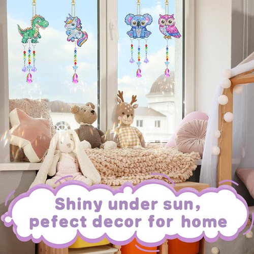 Diamond Art Kit for Kids Gifts, 4 Pcs Double Sided Wind Chime, Crystal Rhinestone Painting, Animal Style Hanging Ornament for Home Window Beginners Craft DIY Supplies