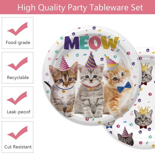 Cat Birthday Party Supplies,20 Kitten Paper Plates and 20 Napkins, Decorations Ideal for Tableware Supplies