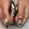 24Pcs Gothic Press on Nails Medium Almond Fake Nails Punk Cartoon Anime Design Black White Full Cover Glue on Nails Horror Gothic Designs French False Nails for Women Girls Acrylic Manicure Decor
