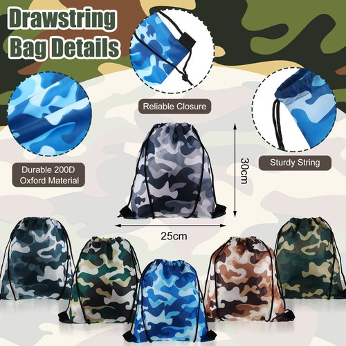 36 Pcs Tie Dye Camouflage Party Kit Camo Drawstring Bag Bulk Camouflage Military Rubber Keychain Silicone Camo Bracelet for Adult Kid Travel Paintball Camping Birthday Party Supplies (Classic Camo)