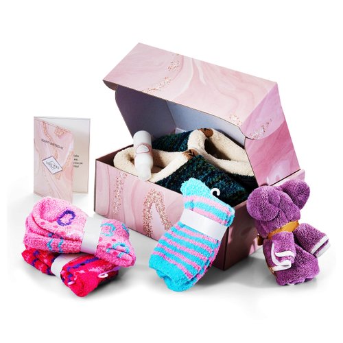 VERY PERI Birthday Gift Box for Women – Curated Gift Box for Her Gift Box Assortment with Slippers Socks Body Lotion Towel & Message Gift Card– Perfect Return Gift Present