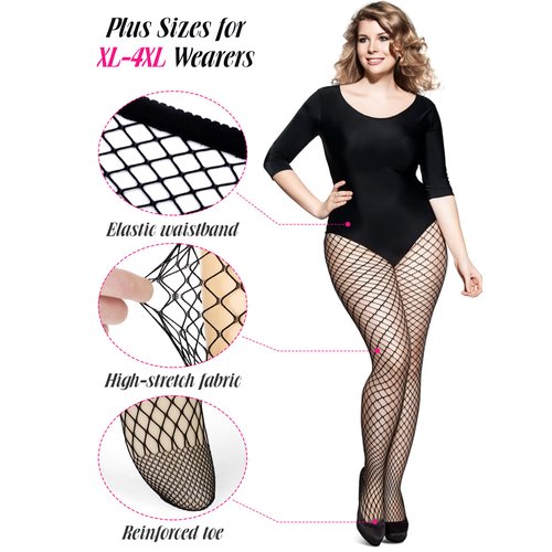 Aneco 4 Pairs Plus Size Fishnet Stockings for Women High Waist Tights Sexy Black Mesh Tights Stockings Thigh High Pantyhose