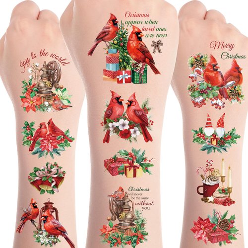Christmas Temporary Tattoos for Kids - 6 Sheets Red Cardinals Birds Temporary Tattoo Stickers Cardinal Holly Stickers Christmas Eve Gift for Kids Christmas Party Decorations