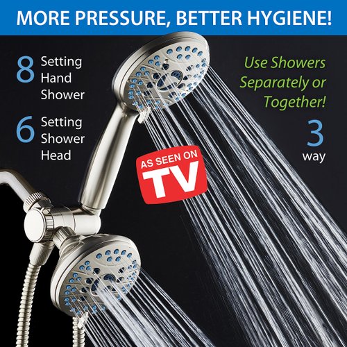 AquaCare As-Seen-On-TV High Pressure 48-setting Rain & Handheld 3-way Shower Head Combo - Anti-clog Nozzles/Tub, Tile & Pet Power Wash/Extra Long 6 ft. Stainless Steel Hose/All Chrome Finish